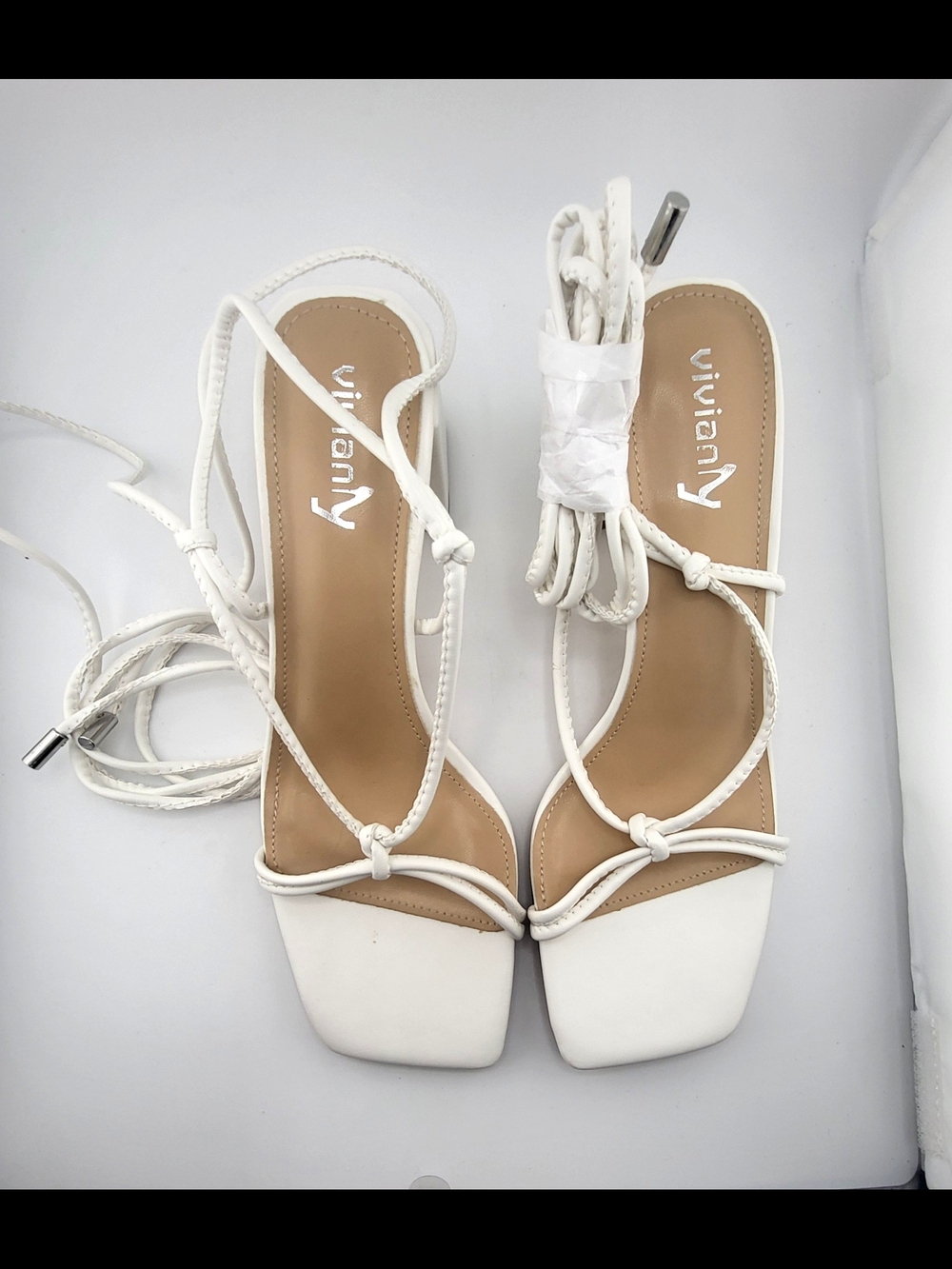 Vivianly White Lace-Up Square Toe Sandals for Women Chunky Heels 9 NIB